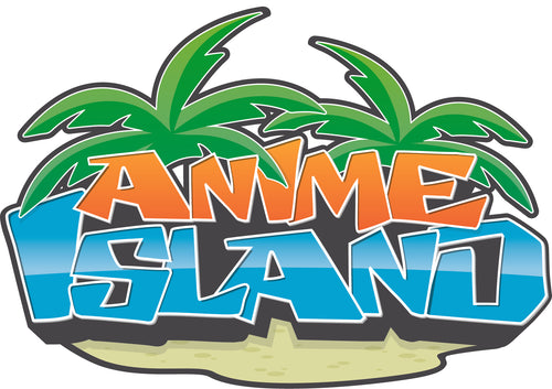 Anime Island logo - words with palm tree background