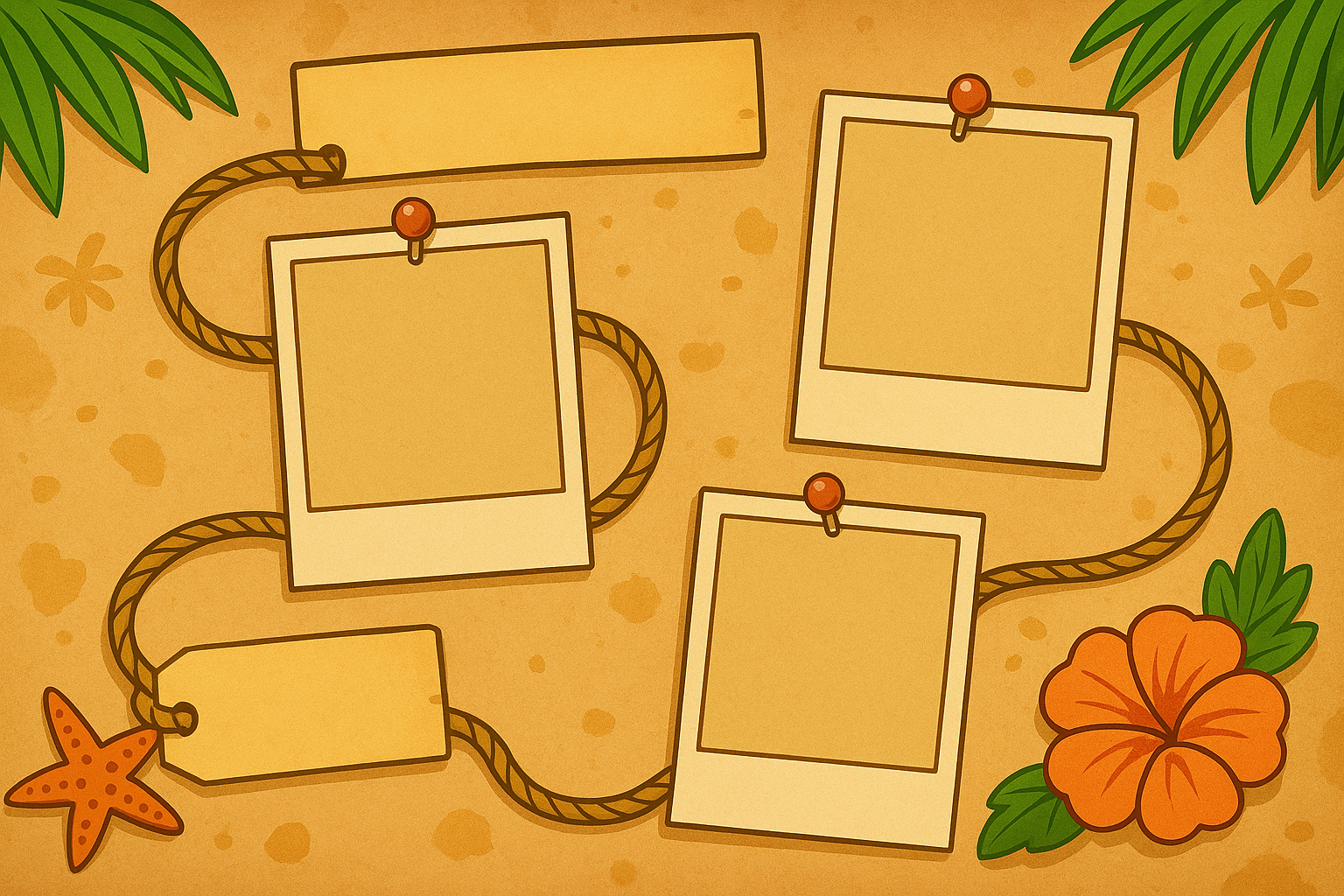 Tropical quest board with polaroid frames and rope.